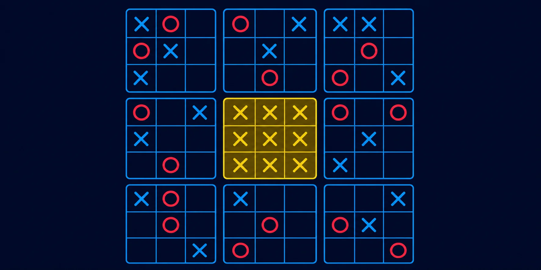 Mega Tic Tac Toe — Pop Play game card showing the 3x3 grid of small boards