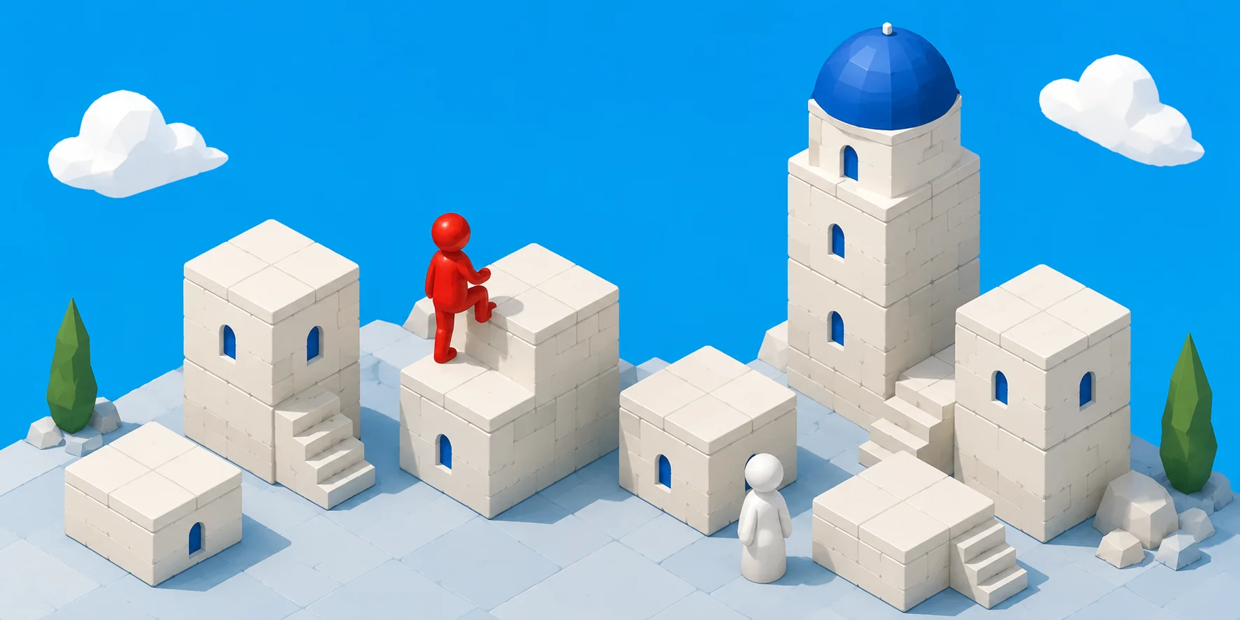Santorini — Pop Play game card showing the white-and-blue Greek island board